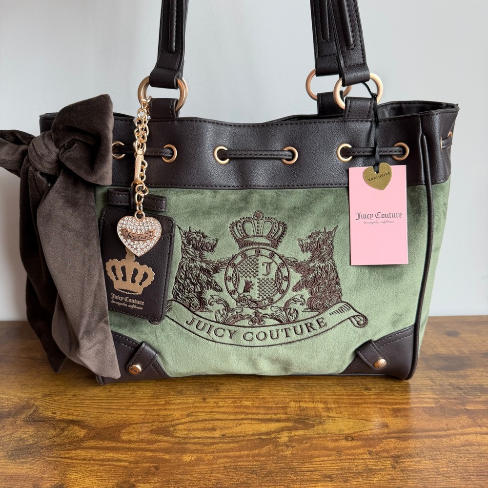 New Juicy Couture Classic Scottie Dogs Daydreamer Viral Tote Bag Green Brown